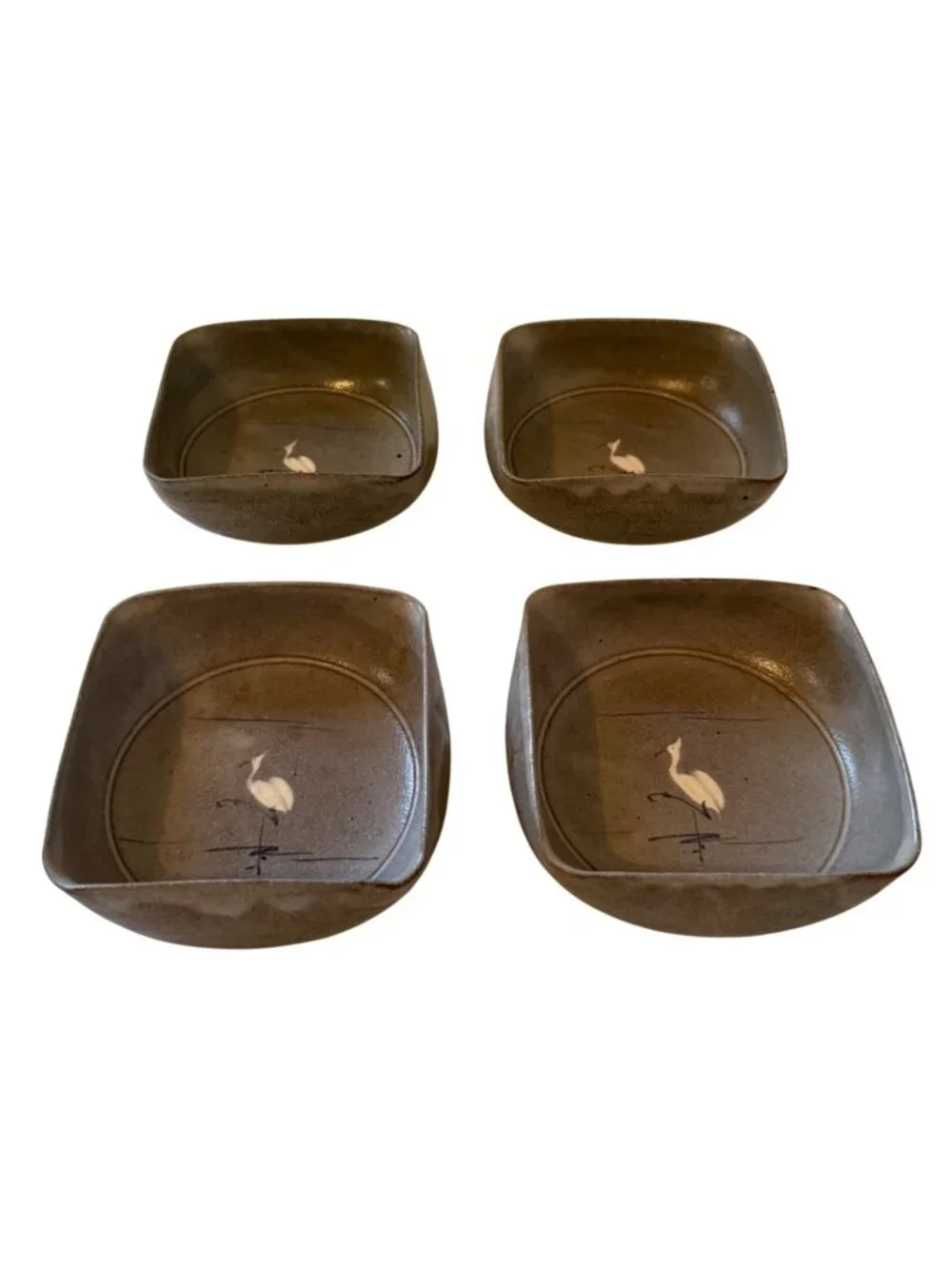 Vintage Japanese Kyo-Yaki Kyoto Ware Crane Stoneware Bowls Set of 4 Signed